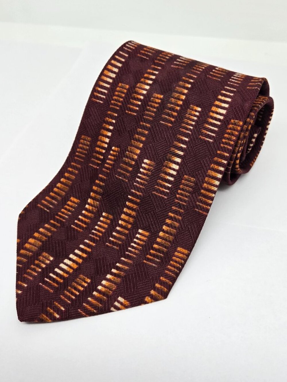 Vintage Structure Mens 100% Silk Geometric Stripe Tie, Burgundy and Orange 1990s